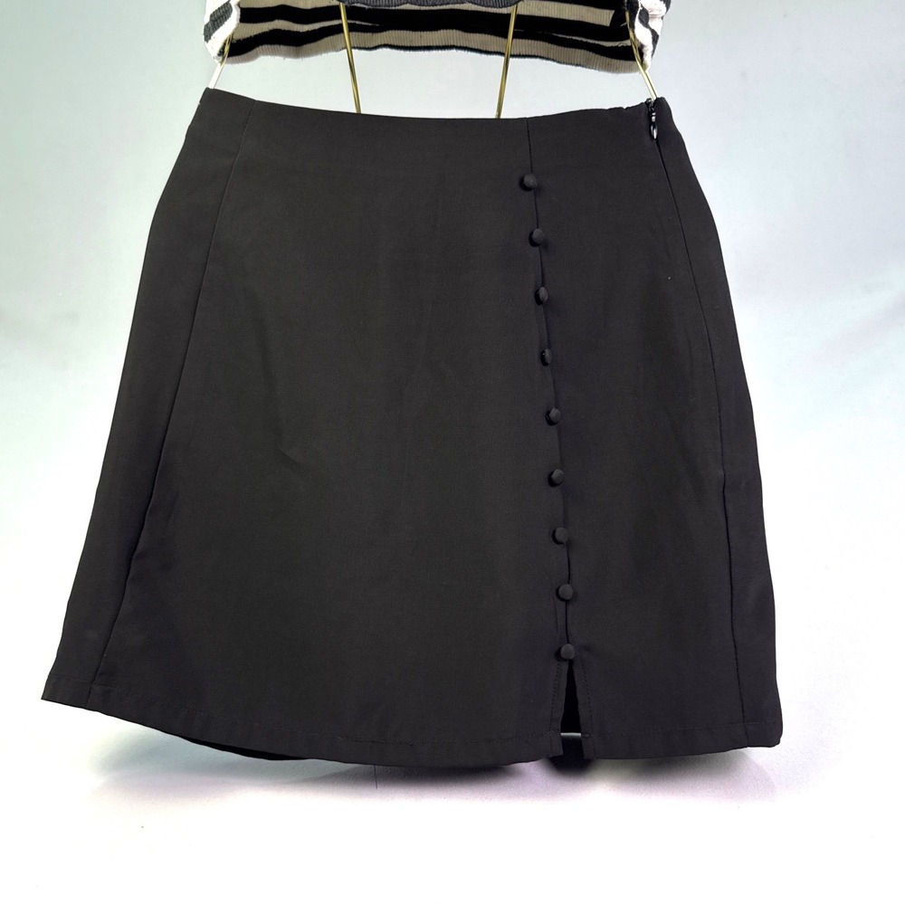 Blue Steel Black A-Line Mini Skirt Side Button Detail Front Slit Size P Small